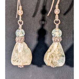 Vintage 925 Sterling Silver Ruff Cut Smoky Rutilated Quartz Dangle Earrings